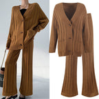 Knitted Women's Threaded Pocket V-neck Coat High Waist Wide Leg Pant Suit