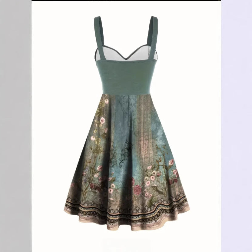 Elegant Green Floral Print Strapless Slip Dress