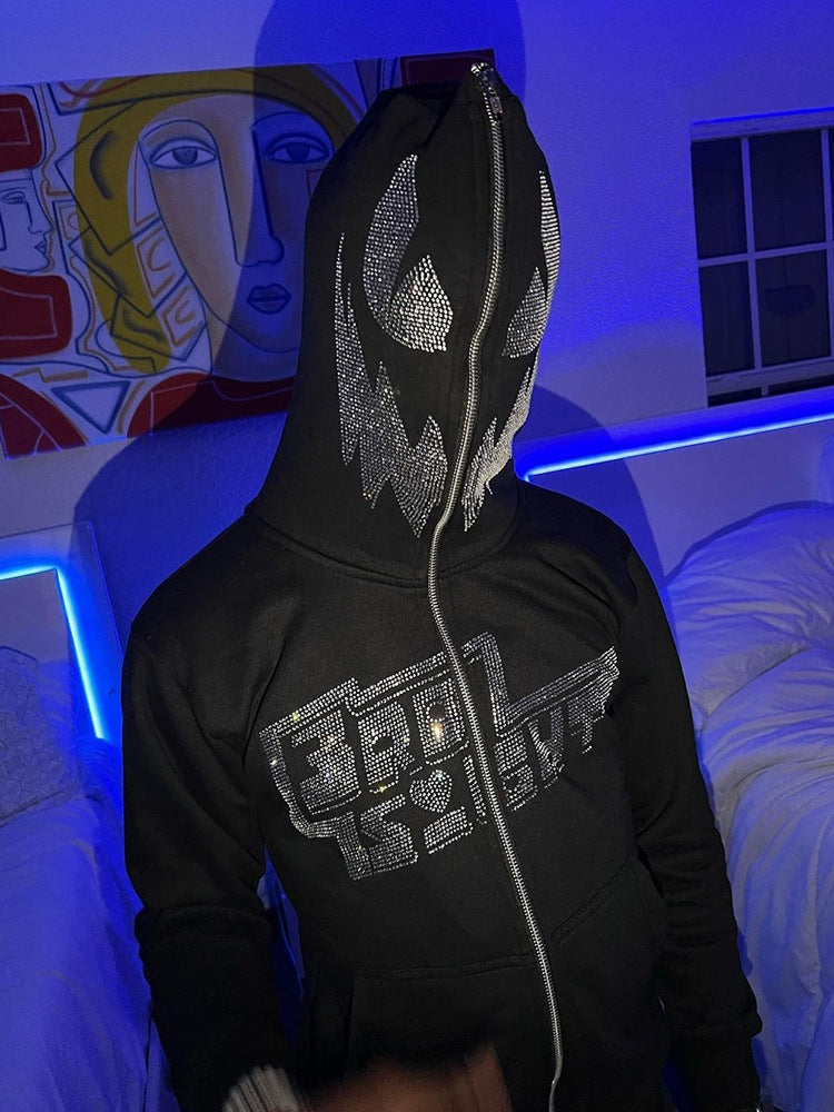 Niche Style Street Art Rhinestone Personality Sweater INS Autumn Trend Loose Warm Hooded Jacket