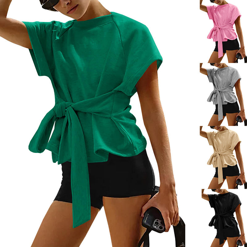Womens Loose Round-Neck Lace-Up Bow-Knot Sweatshirt