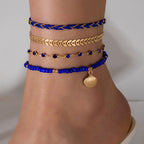 4pcs Set Bohemian Woven Rope Foot Chain For Men And Women Geometric Alloy Black Beads Dropping Oil Anklet Set Summer Fashion Jewelry