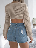 Women S Hollow Out Stripe Tie Front Long Sleeve Cropped Knit Cover-Up
