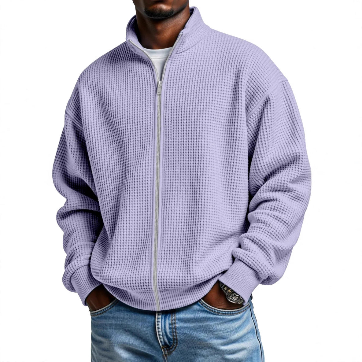 Mens Minimalist Solid-Color Waffle-Weave Stand-Up Collar Zip-Up Jacket