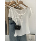 European-style High-end Chic Short-sleeve Top With Buttoned Pocket Detailing