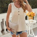 Fashionable Textured Button Loose Casual Round Neck T-shirt For Women