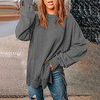 Solid-color Pullover Crewneck Sweatshirt Casual Versatile Style Extra-long Figure-flattering Long-sleeve Top