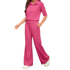 Casual Home Wear Solid-color Lapel Short-sleeve Top And Elastic-waist Wide-leg Pants