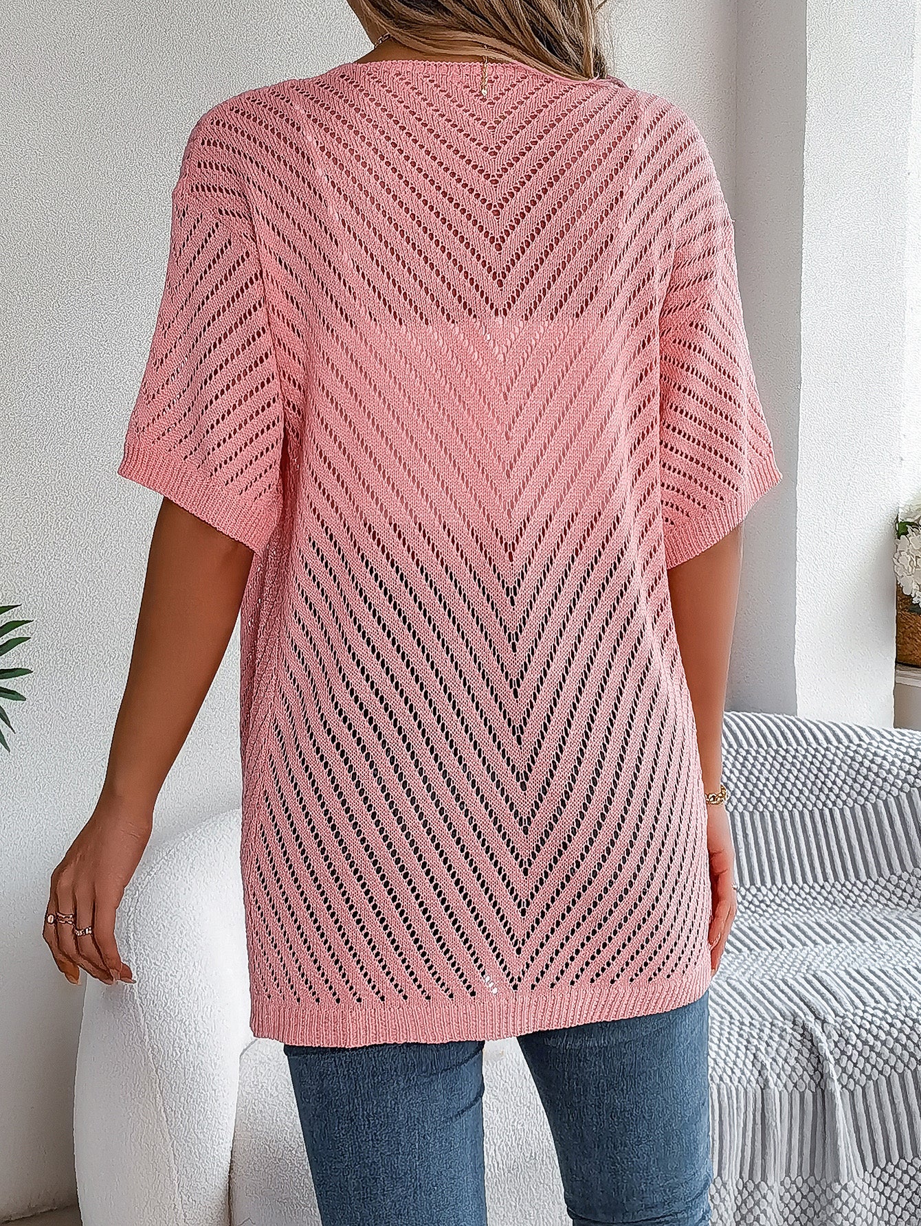 Women S Vertical Stripe Hollow Out Short Sleeve Knit Cardigan Cover-Up