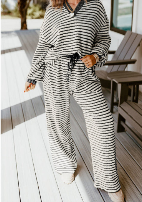 Khaki Stripe Collared Pullover Top And Drawstring Pant Set