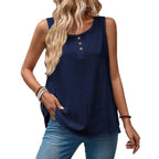 Womens Casual Loose Round-Neck Sleeveless Solid-Colored Cotton Top With Buttons
