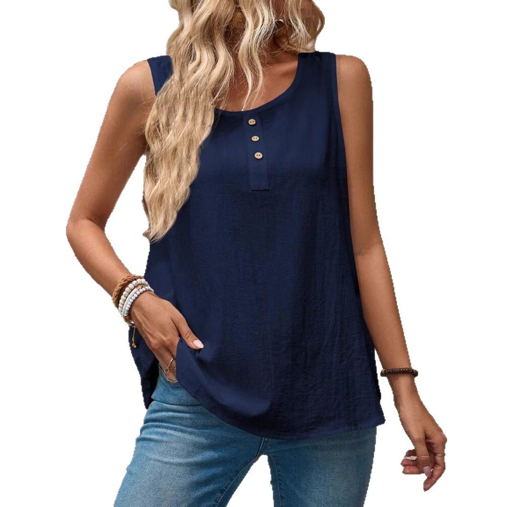 Womens Casual Loose Round-Neck Sleeveless Solid-Colored Cotton Top With Buttons