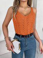 Women S Solid Color V-Neck Hollow Out Sleeveless Knit Vacation Tank