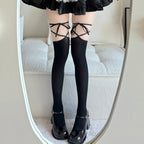 Lolita Crew Socks Spring & Summer Sheer Stockings, Crisscross Bandage Half Thigh High Over-the-Knee JK Calf Socks