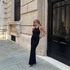 Neck-hanging Contrast-Color Crew Neck Slimming Knitted Backless Split Dress