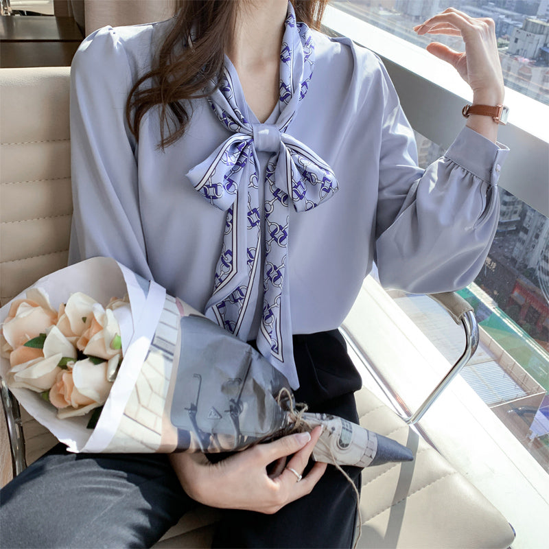 Professional Shirt Women''s Autumn Dress Long Sleeve Bow Ribbon Bubble Sleeve