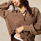 Women's Fashionable V-Neck Long-Sleeve Pullover Sweater Solid Color Top