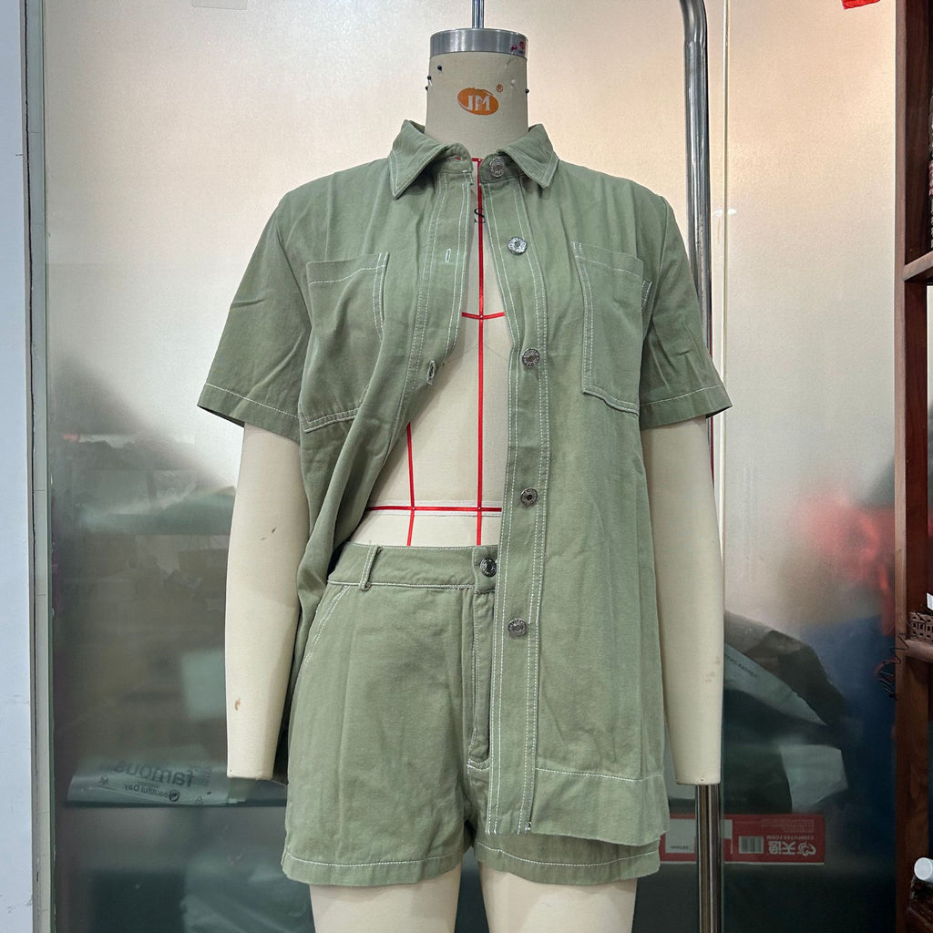 Retro Workwear Long Shirt And Shorts Two-Piece Set