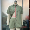 Retro Workwear Long Shirt And Shorts Two-Piece Set