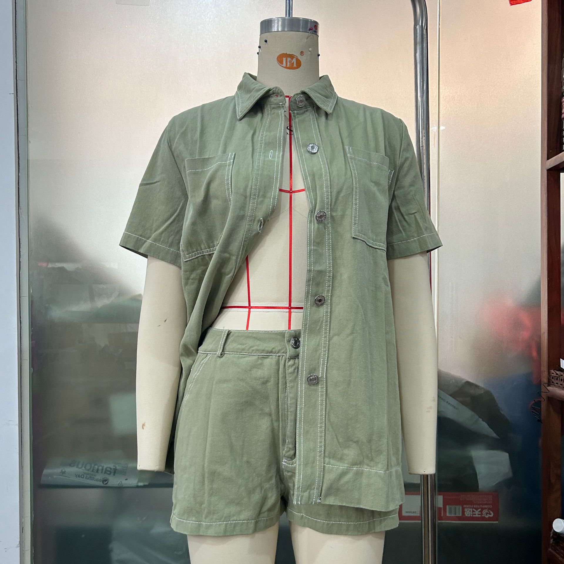 Retro Workwear Long Shirt And Shorts Two-Piece Set