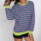 Wave-patterned Color-Block Long-Sleeve Crewneck Loose-Fit Pullover Sweatshirt
