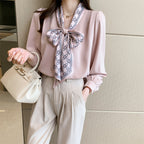 Professional Shirt Women''s Autumn Dress Long Sleeve Bow Ribbon Bubble Sleeve