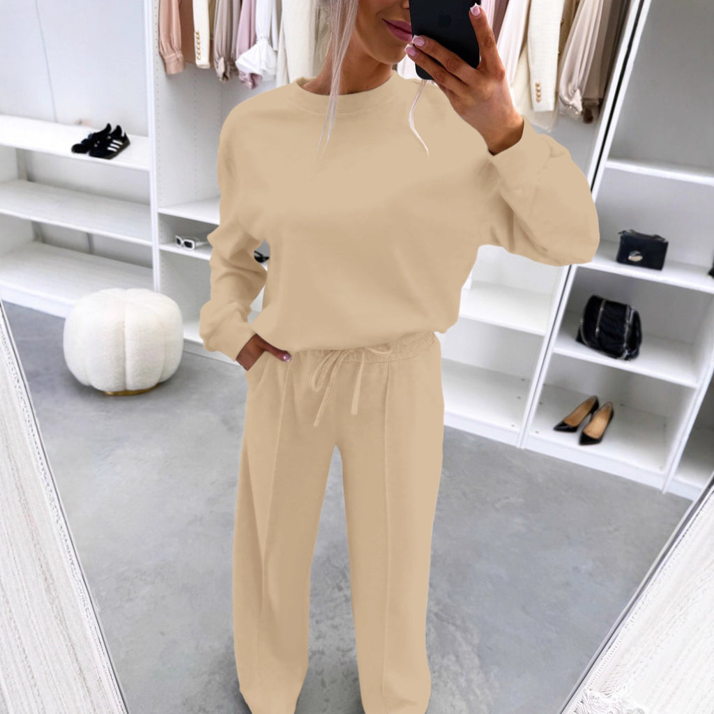 Home-style Drop-shoulder Long-sleeve Top And Casual Pleated Trousers Two-piece Set