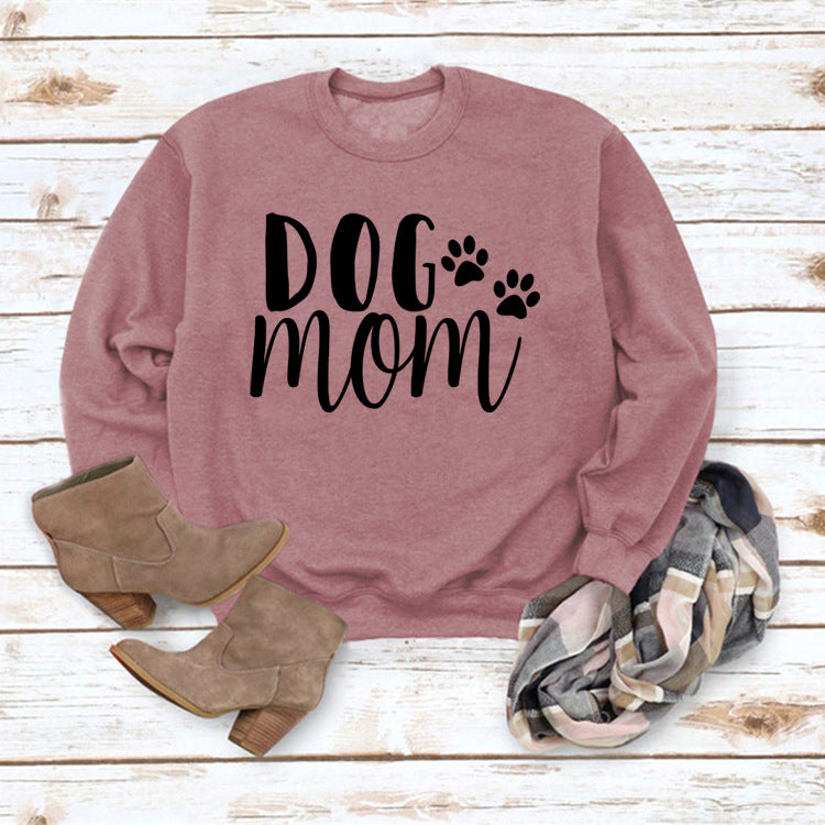 Dog Mom Lettered Casual Round Neck Long Sleeve Sweater Europe And America Cross Border Fashion Loose Base Ride Top For Women