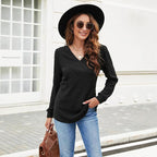 V-neck Casual Top Ribbed Pullover Hoodie For Women