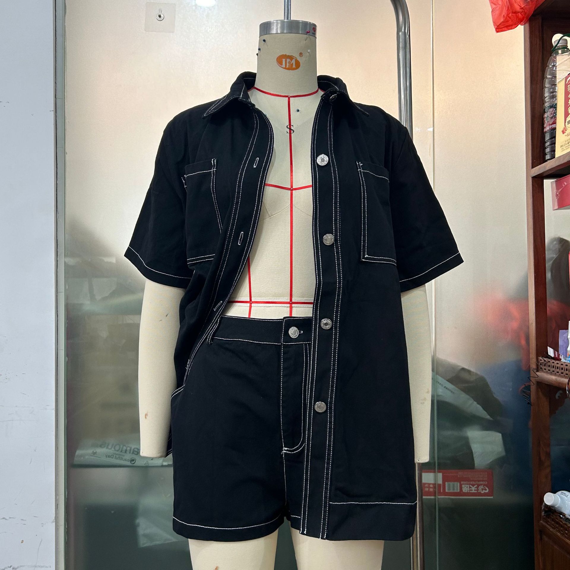 Retro Workwear Long Shirt And Shorts Two-Piece Set