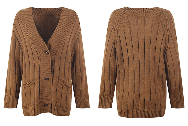 Knitted Women's Threaded Pocket V-neck Coat High Waist Wide Leg Pant Suit