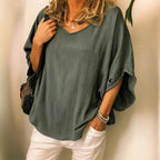 Versatile Solid-Colored Cotton-Linen Batwing Top For Women