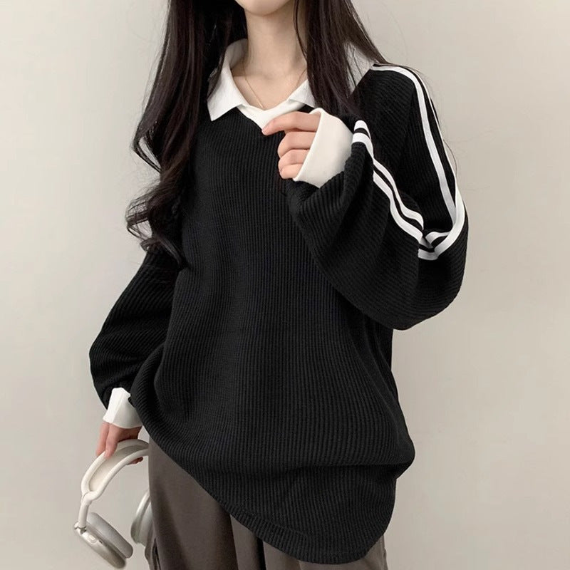Contrast-color POLO Collar Striped Hoodie