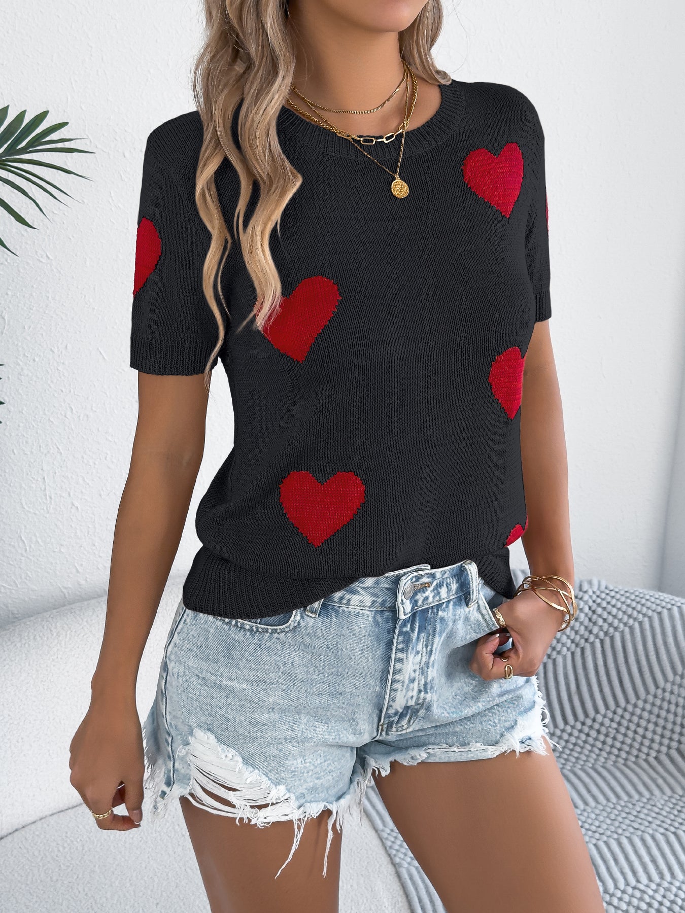 Women S Casual Color Block Heart Short Sleeve Knit Valentine S Top