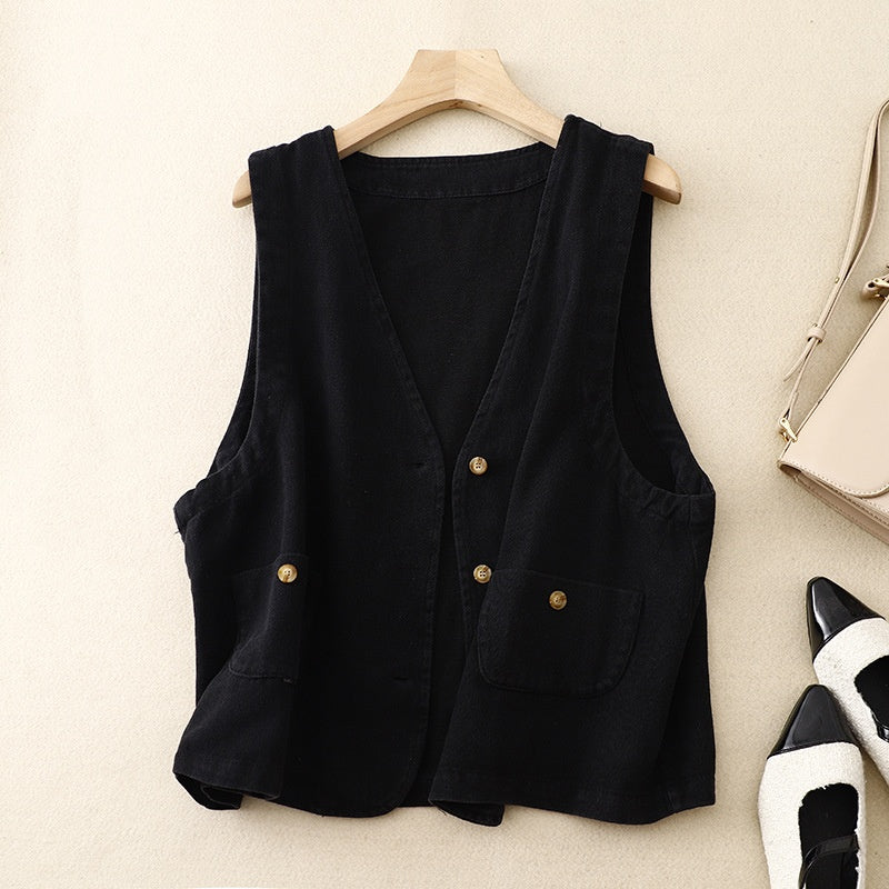 Spring Retro Twill Sleeveless Work Vest