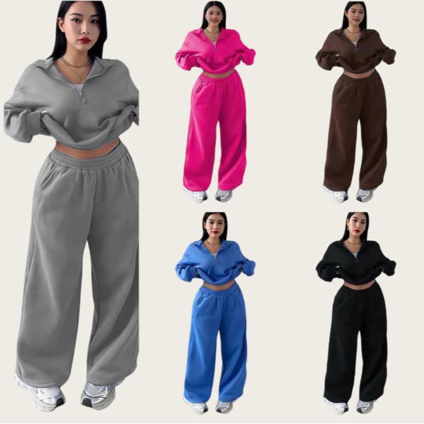 Casual Womens Fashion Half-Zip Pullover Hoodie And Pants Two-Piece Set