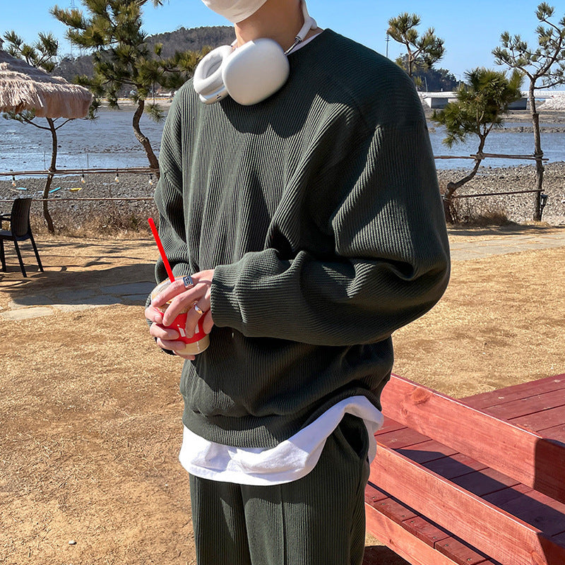 Men's Round Neck Hoodie Korean Version Loose Trend Fold Top Two-piece Set