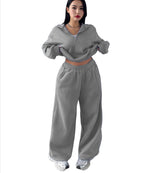 Casual Womens Fashion Half-Zip Pullover Hoodie And Pants Two-Piece Set