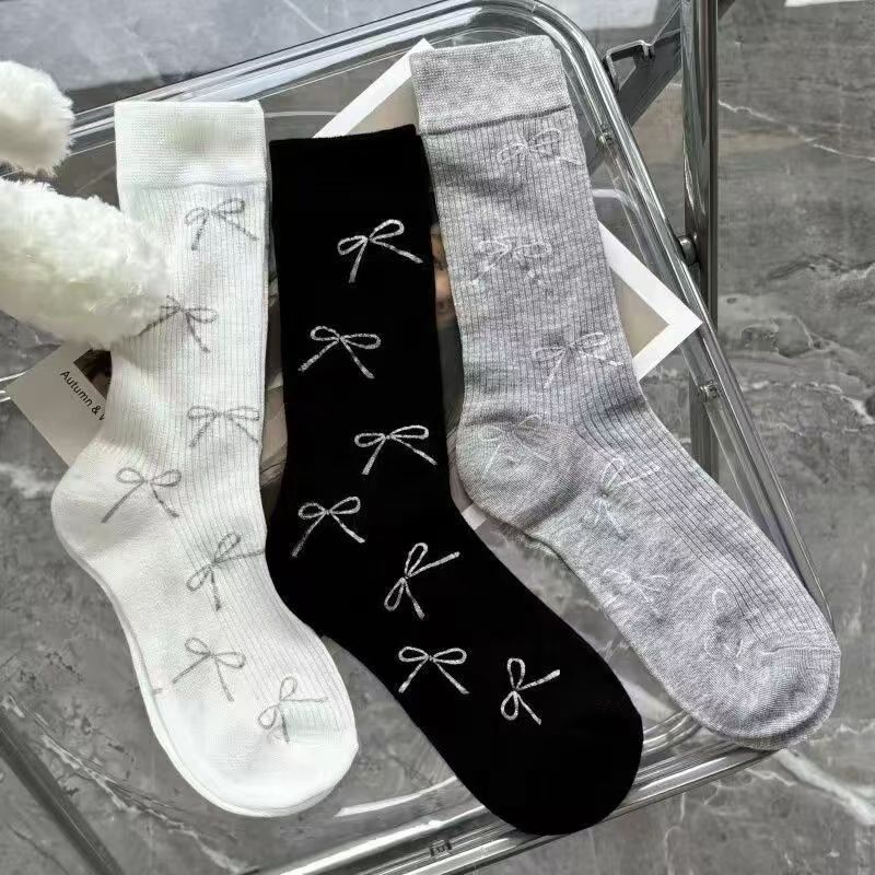3-Pack Coquette Bow Print Crew Socks, Ribbed Knit Mid-Calf Socks, Cute Casual Socks For Women & Girls