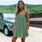 Solid-color Ruched Open-back Strap Sundress Beach Vacation Dress For Women
