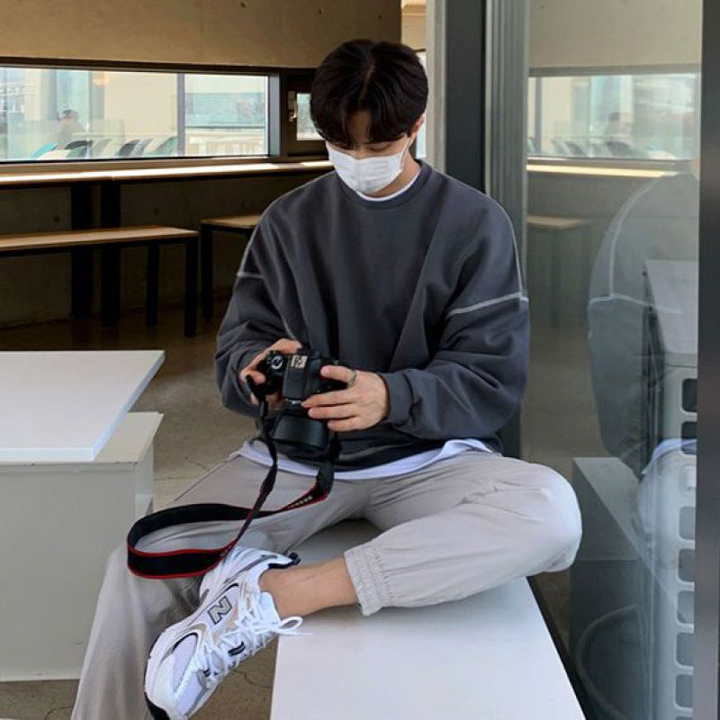 Crewneck Hoodie Men's Autumn Loose Design Sense Niche Solid Color Long-sleeved T-shirt Top