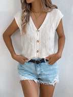 Women S Casual Solid Color Button V-Neck Knit Vacation Top