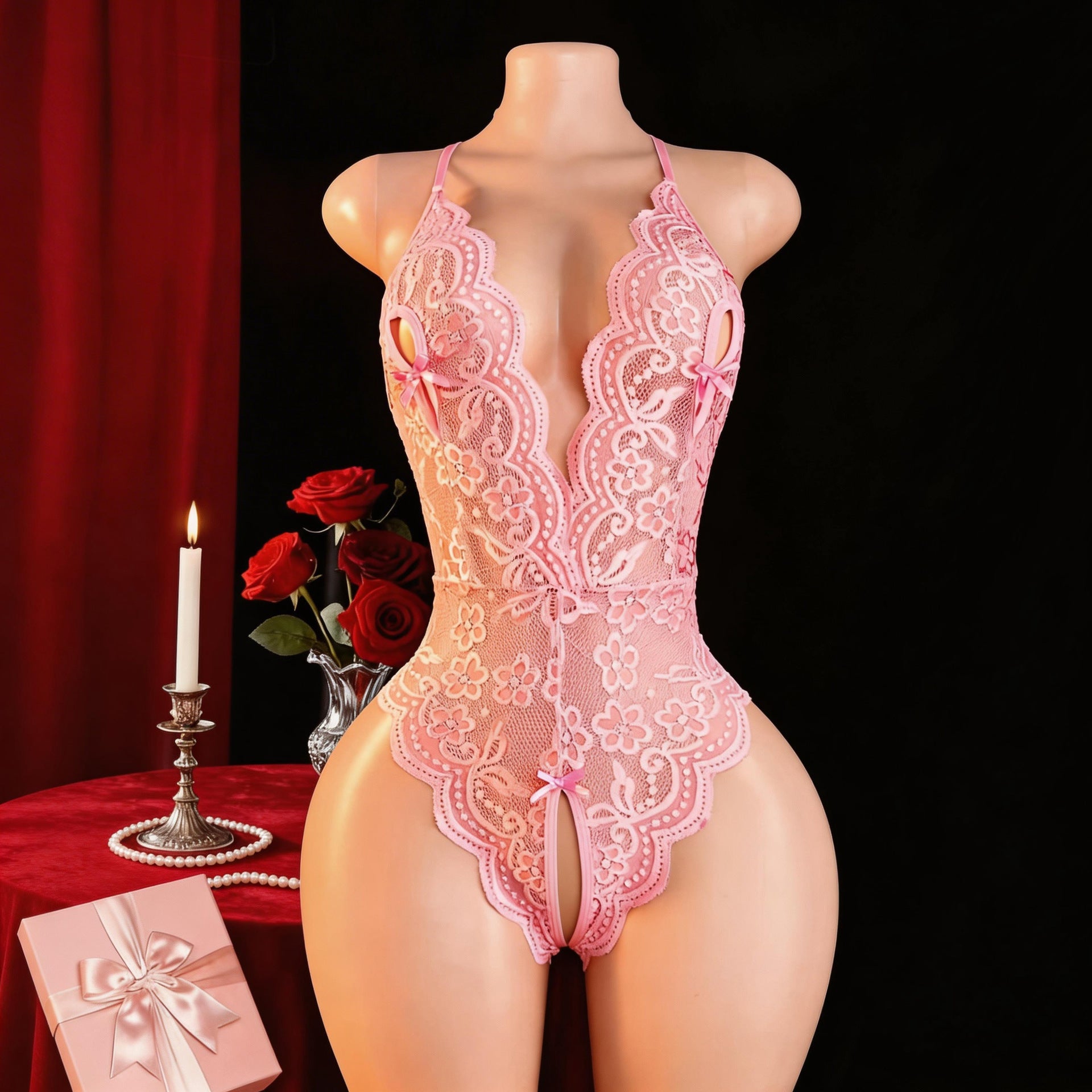 European And American Plus-Size Lace Open-Crotch Bodysuit