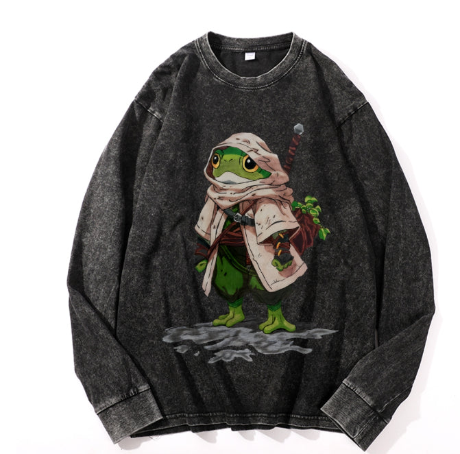 Washed-and-aging Long-sleeve Drawstring Pure Cotton In Color