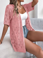 Women S Leaf Hollow Out Short Sleeve Knit Cardigan Vacation Cover-Up