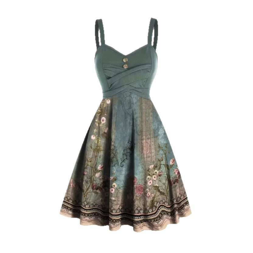 Elegant Green Floral Print Strapless Slip Dress