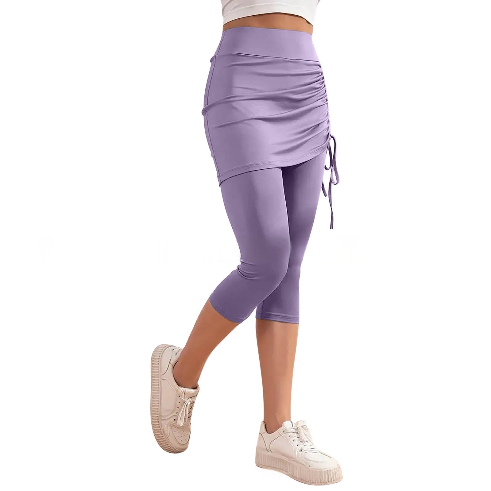 High-waisted Solid-color Slim-fit Ruched Capri Pants For Summer