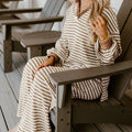 Khaki Stripe Collared Pullover Top And Drawstring Pant Set