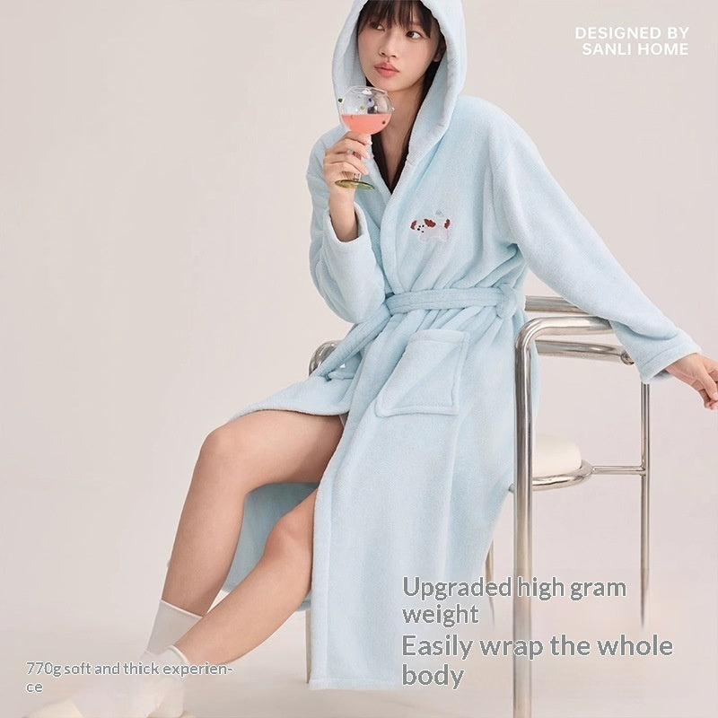 Water-absorbing Hooded Thickened Coral Fleece Bathrobe