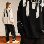 CREW NECK KNIT Collar Fringe Printed Wool Top