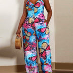 Foreign Trade Printing Halter Lace-up One-piece Pant Belt Pocket